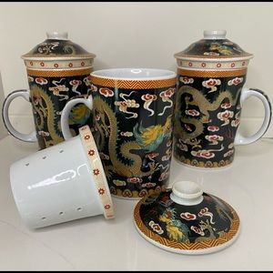 Oriental Design Tea Cup with Infuser & Lid Black